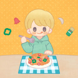  1boy bell_pepper bell_pepper_slice blonde_hair blue_hoodie blush dot_nose eating food food_art fork holding holding_fork hood hood_down hoodie licking_lips long_sleeves lowres male_focus original pasta pepper salt_shaker solid_oval_eyes solo spaghetti sunakuraiori tablecloth tako-san_wiener tongue tongue_out 