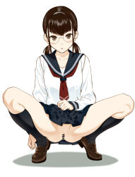  1girl absurdres bar_censor black_eyes black_hair black_sailor_collar black_skirt black_socks brown_footwear censored cleft_of_venus clothes_lift commentary glasses highres lifted_by_self loafers long_sleeves looking_at_viewer low_twintails m_legs medium_hair mole mole_under_mouth moonsorrow neckerchief no_panties original parted_lips pleated_skirt pussy red_neckerchief rimless_eyewear round_eyewear sailor_collar school_uniform serafuku shadow shirt shoes simple_background skirt skirt_lift socks solo spread_legs squatting twintails white_background white_shirt 