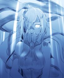  1girl absurdres abyssal_ship blue_theme breasts eyelashes hair_between_eyes highres kantai_collection kukurus large_breasts looking_at_viewer monochrome ne-class_heavy_cruiser one_eye_covered parted_lips shirt simple_background sleeveless sleeveless_shirt solo tail upper_body 