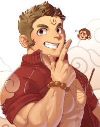  1boy aged_up bad_tag bara character_request facial_hair facial_mark forehead_mark highres looking_at_viewer male_focus medium_sideburns muscular muscular_male pectoral_cleavage pectorals sanpaku short_hair sideburns_stubble solo stubble thick_eyebrows tokyo_houkago_summoners ttn_(239_239) upper_body 