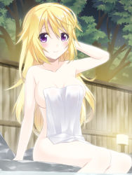 10s 1girl bad_id bad_pixiv_id blonde_hair breasts charlotte_dunois covering_privates highres infinite_stratos keito_(kazamatuli) naked_towel nude nude_cover purple_eyes senoo_aoi solo towel  rating:Questionable score:15 user:danbooru