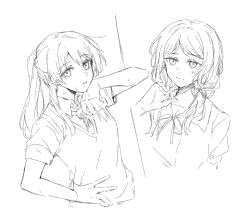  2girls bang_dream! bang_dream!_it&#039;s_mygo!!!!! blush chihaya_anon chinese_commentary collared_shirt commentary_request greyscale haneoka_school_uniform highres long_hair looking_at_viewer monochrome multiple_girls muonrei00 nagasaki_soyo neck_ribbon necktie parted_lips ponytail ribbon sailor_collar school_uniform shirt sleeves_rolled_up sweat sweater_vest tsukinomori_school_uniform twintails upper_body 