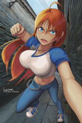  1girl ahoge alley angry blue_eyes breasts chain denim deviantart_username dog_tags fist_fight hybridmink jeans large_breasts long_hair one_leg_raised open_mouth orange_hair pants pov shirt shoes sneakers solo 