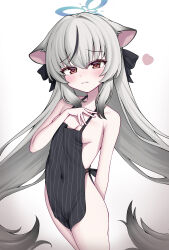  1girl absurdres apron armpit_crease bare_arms bare_legs bare_shoulders black_apron black_bow black_hair blue_archive blush bow breasts chinchilla_ears cleavage closed_mouth covered_navel gradient_background gradient_hair grey_background grey_hair hair_bow halo heart highres kokona_(blue_archive) light_frown loli looking_at_viewer metaljelly multicolored_hair naked_apron pinstripe_pattern sideboob small_breasts solo streaked_hair white_background 