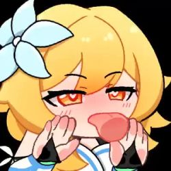 1girl against_screen animated blonde_hair flower genshin_impact heart heart-shaped_pupils licking lowres lumine_(genshin_impact) solo symbol-shaped_pupils tagme tongue tongue_out video yellow_eyes 