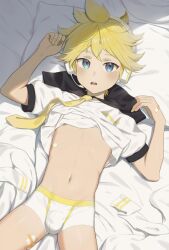  1boy aqua_eyes bed bed_sheet bishounen blonde_hair blue_eyes blush boxer_briefs bulge clothes_lift commentary english_commentary from_above headphones highres kagamine_len looking_at_viewer looking_up luye_yuan lying male_focus male_underwear navel necktie on_back on_bed open_mouth shirt_lift short_hair short_sleeves solo stomach underwear vocaloid yellow_necktie 