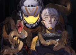 1boy 1girl animal apex_legends armor assault_visor bodysuit bohe-menthe breastplate earpiece fangs father_and_daughter frown gloves grey_hair helmet highres holding holding_animal looking_at_viewer name_connection nose object_namesake open_mouth orange_bodysuit orange_gloves short_hair sketch slit_pupils snake straight-on time_paradox titanfall_(series) titanfall_2 valkyrie_(apex_legends) viper_(titanfall_2) 