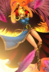  1girl angel_wings armlet arms_up artist_request bare_legs belt black_panties black_wings blonde_hair blurry boots breasts breath_of_fire breath_of_fire_ii bridal_gauntlets capcom covered_erect_nipples depth_of_field dress feathers flying g-string gauntlets gem green_eyes high_heels highres impossible_clothes impossible_dress jewelry knee_boots large_breasts legs long_hair long_legs looking_at_viewer mark_henry_bustamante naughty_face nina_(breath_of_fire_ii) panties paolo_antonio_aguasin shoes side_slit sidelocks sky smile solo source_request sunset thighs thong two-sided_dress two-sided_fabric underwear very_long_hair wings 