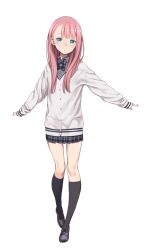  1girl 22/7 ankle_socks black_footwear black_socks blue_eyes bow cardigan double_horizontal_stripe grey_bow grey_shirt grey_skirt highres kamiki_mikami kuroboshi_kouhaku loafers long_sleeves looking_at_viewer miniskirt official_art outstretched_arms pink_hair plaid plaid_bow plaid_skirt pleated_skirt second-party_source shirt shoes simple_background skirt sleeves_past_wrists socks solo standing tachi-e transparent_background white_cardigan 