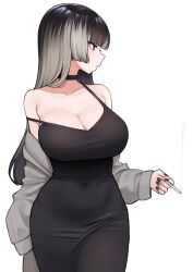  1girl black_choker black_dress black_hair black_nails blue_eyes breasts choker cigarette cleavage collarbone covered_navel dress gradient_hair grey_hair highres hime_cut holding holding_cigarette hololive hololive_dev_is juufuutei_raden large_breasts looking_to_the_side multicolored_hair nago_purin parted_lips simple_background smoke solo strap_slip two-tone_hair virtual_youtuber 
