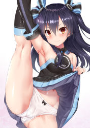 1girl armpits bare_shoulders black_dress black_hair black_sleeves black_socks black_thighhighs blush bow bow_panties breasts brown_eyes cameltoe choujigen_game_neptune_mk2 cleft_of_venus closed_mouth clothes_lift collared_dress commentary_request detached_sleeves dress dress_lift embarrassed gradient_background groin hair_between_eyes hair_ornament hair_ribbon holding_leg kneepits leg_up lifting_own_clothes long_hair long_sleeves looking_at_viewer navel neptune_(series) panties pink_background red_eyes ribbon simple_background sleeveless sleeveless_dress small_breasts socks solo split standing standing_on_one_leg standing_split strapless strapless_dress sweat thighhighs thighs torimaru two_side_up underwear uni_(neptunia) v-shaped_eyebrows wavy_mouth white_background white_panties rating:Questionable score:138 user:danbooru