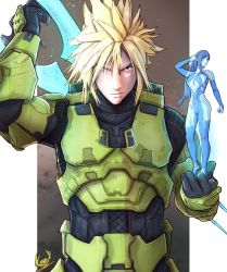  1boy 1girl aqua_eyes armor black_bodysuit blonde_hair blue_hair blue_skin bodypaint bodysuit breasts cloud_strife colored_skin cortana cortana_(cosplay) cosplay crab energy_sword final_fantasy final_fantasy_vii final_fantasy_vii_remake halo_(series) halo_infinite highres holding holding_sword holding_weapon hologram large_breasts long_hair low-tied_long_hair master_chief master_chief_(cosplay) mini_person minigirl no_headwear painted_clothes power_armor power_suit spartan_(halo) spiked_hair sword tifa_lockhart type-1_energy_sword weapon weapon_on_back yoracrab  rating:General score:31 user:danbooru