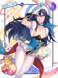  1girl animal_ears blue_eyes blue_hair blue_leotard blush breasts cleavage collarbone commentary easter_egg egg english_commentary english_text fake_animal_ears fake_tail fire_emblem fire_emblem_awakening fire_emblem_heroes floating_hair gloves gold_trim hair_between_eyes highres leotard long_hair looking_at_viewer lucina_(fire_emblem) lucina_(spring)_(fire_emblem) nintendo official_alternate_costume pantyhose playboy_bunny rabbit_ears rabbit_tail revolverwing small_breasts smile solo tail white_gloves white_pantyhose 
