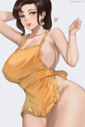  1girl apron breasts brown_eyes brown_hair collarbone commentary creatures_(company) drop_earrings earrings english_commentary game_freak highres jewelry large_breasts long_hair looking_at_viewer lsls mature_female naked_apron nintendo nipple_slip nipples paldea_mother parted_lips pokemon pokemon_sv ponytail simple_background solo twitter_username wide_hips yellow_apron 