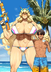  1boy 1girl abs bare_shoulders barghest_(fate) barghest_(swimsuit_archer)_(fate) barghest_(swimsuit_archer)_(final_ascension)_(fate) beach biceps bikini blonde_hair blue_shorts blue_sky blush breasts brown_hair bulge cleavage collarbone erection erection_under_clothes fate/grand_order fate_(series) fingerless_gloves gloves green_eyes gun half-closed_eyes heavy_breathing height_difference highres horns huge_breasts long_hair looking_at_viewer multicolored_bikini multicolored_clothes muscular muscular_female navel nimuno_(munimuni) palm_tree shore short_hair shorts sky swimsuit tall_female taller_female tan thick_thighs thighs tree v variant_set weapon white_bikini yellow_gloves 