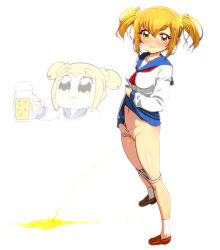 10s 2girls :3 alcohol beer beer_mug blonde_hair blush breasts chibi chibi_inset cleft_of_venus clothes_lift cup dual_persona female_focus full_body glass hair_ornament hair_scrunchie highres holding kazumi_yoshiyuki lifted_by_self looking_at_viewer mug multiple_girls navel panties panty_pull peeing peeing_in_cup poptepipic popuko pussy school_uniform scrunchie serafuku shirt shoes short_hair short_twintails simple_background skirt skirt_lift smile socks solo_focus standing twintails uncensored underwear white_background yellow_eyes rating:Explicit score:69 user:sytalidis