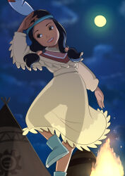  1girl arm_at_side arm_up backlighting black_hair blue_footwear blue_headband blue_sky brown_eyes cloud dress feathers female_focus fire flat_chest full_moon grin hair_tie happy headband highres leg_up loli long_hair looking_to_the_side moon native_american night oira_wa_arumajiro outdoors peter_pan_(disney) see-through_silhouette shoes sky smile solo standing standing_on_one_leg teepee teeth tiger_lily_(peter_pan) white_feathers yellow_dress 