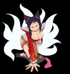  ahri_(league_of_legends) animal_ears animated animated_gif black_hair breasts cleavage cleavage_reach fox_ears fox_tail korean_text league_of_legends multiple_tails nestkeeper orange_eyes tail teasing  rating:Questionable score:88 user:luppolol