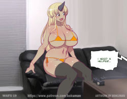 10s 1girl belly bikini blonde_hair bokuman breasts brown_eyes camera casting_couch cleavage couch curvy desk english_text eyebrows fang horns huge_breasts long_hair micro_bikini monster_girl monster_musume_no_iru_nichijou ogre open_mouth single_horn sitting smile solo speech_bubble stomach swimsuit text_focus thighhighs tionishia rating:Questionable score:72 user:redlight1