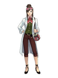 1girl ace_attorney apollo_justice:_ace_attorney brown_eyes brown_hair capcom edaki_shin&#039;ya ema_skye glasses half_updo highres lab_coat official_art simple_background sleeves_rolled_up solo white_background rating:Sensitive score:10 user:danbooru