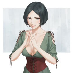 1girl black_hair border breasts character_request cleavage collarbone commentary english_commentary fata_morgana_no_yakata grey_background grey_eyes highres large_breasts miura-n315 outside_border own_hands_together pink_lips short_hair smile solo steepled_fingers teeth upper_body white_border