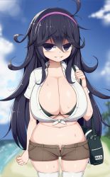  1girl @_@ absurdres bag bikini black_hair blush breasts cleavage creatures_(company) game_freak grin hairband hex_maniac_(pokemon) highres huge_breasts long_hair looking_at_viewer messy_hair nintendo npc_trainer open_clothes plump pokemon pokemon_xy sawati shirt shorts smile solo sweat swimsuit thighhighs tied_shirt  rating:Questionable score:152 user:Gigawatt5