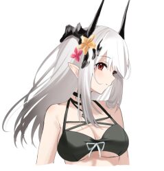  1girl arknights bikini black_bikini black_choker breasts choker cleavage commentary flower hair_flower hair_ornament highres horns large_breasts lily0428 long_hair looking_at_viewer mudrock_(arknights) mudrock_(silent_night)_(arknights) official_alternate_costume pink_flower pointy_ears red_eyes simple_background solo swimsuit upper_body white_background white_hair yellow_flower 