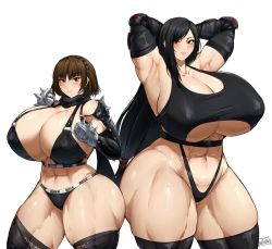  2girls abs alternate_breast_size armpits arms_behind_head arms_up atlus batako_(batakoart) black_hair blush braid breasts brown_hair cleavage crossover curvy final_fantasy final_fantasy_vii gigantic_breasts height_difference highres huge_breasts long_hair looking_at_viewer multiple_girls muscular muscular_female navel niijima_makoto parted_lips persona persona_5 red_eyes scarf short_hair skindentation smile spikes square_enix standing sweat tall_female thick_thighs thighhighs thighs tifa_lockhart wide_hips  rating:Questionable score:186 user:jojosstand