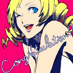  1girl atlus blonde_hair blue_eyes catherine catherine_(game) drill_hair eyeshadow il_matto lipstick makeup one_eye_closed short_hair solo twin_drills twintails wink 