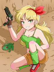 1girl absurdres arm_up bare_shoulders blonde_hair blush breasts captain_ginyu cleavage dragon_ball dragonball_z finger_on_trigger fingerless_gloves frog from_above full_body gloves green_eyes grin gun hair_ribbon handgun highres holding holding_gun holding_weapon horizontal_pupils knee_up long_hair looking_at_viewer lunch_(bad)_(dragon_ball) lunch_(dragon_ball) medium_breasts midriff on_one_knee outdoors pawavita-maio petite red_ribbon ribbon shadow short_shorts shorts smile solo teeth tsurime v-shaped_eyebrows very_long_hair weapon 