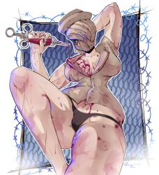  1girl artist_request ass black_panties blood blood_on_clothes blood_on_face breasts bubble_head_nurse cameltoe cleavage faceless faceless_female gloves hat highres large_breasts legs_apart monster_girl nurse nurse_(silent_hill) nurse_cap open_clothes panties shiny_skin silent_hill silent_hill_(series) silent_hill_2 simple_background solo underwear white_gloves 