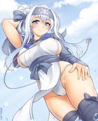 10s 1girl ainu_clothes anchor artist_name blue_eyes breasts cameltoe chain closed_mouth cloud cludy_sky cowboy_shot dutch_angle female_focus fingernails folded_ponytail fundoshi hair_between_eyes happy headband highres japanese_clothes kamoi_(kancolle) kantai_collection large_breasts long_hair looking_at_viewer outdoors panties pelvic_curtain pokke_(pokke-chan) sky smile solo standing thighs underwear white_hair white_panties rating:Questionable score:26 user:danbooru