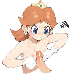  1boy 1girl annoyed blue_eyes blush breasts breasts_squeezed_together brown_hair collarbone colored_skin crown cum cum_on_body cum_on_upper_body earrings gloves jewelry looking_at_penis mario_(series) naizuri nintendo nipples nude paizuri penis princess_daisy small_breasts super_mario_land uncensored white_gloves white_skin youjo_modoki  rating:Explicit score:420 user:JustYourRegularLolicon