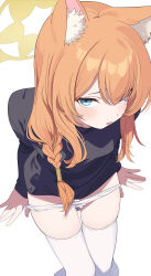  1girl absurdres animal_ear_fluff animal_ears black_shirt blue_archive blue_eyes blush cat_ears feet_out_of_frame halo highres hiroikara_(smhong04) long_hair long_sleeves looking_at_viewer mari_(blue_archive) open_mouth orange_hair panties panty_pull shirt simple_background solo thighhighs underwear white_background white_panties white_thighhighs yellow_halo  rating:Sensitive score:35 user:danbooru