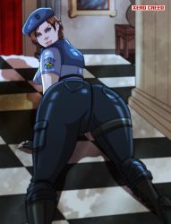  absurdres all_fours ass beret blue_eyes boots brown_hair capcom fingerless_gloves from_behind gloves hat highres indoors jill_valentine looking_at_viewer looking_back on_floor presenting resident_evil xerocreed  rating:Sensitive score:38 user:xerocreed