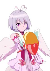  1girl antenna_hair arm_at_side bare_shoulders bird_wings choker commentary_request cosplay detached_sleeves dress expressionless feathered_wings fitoria_(tate_no_yuusha_no_nariagari) foreshortening gobanme_no_mayoi_neko highres holding holding_wand kinomoto_sakura_(cosplay) layered_dress light_purple_hair looking_at_viewer outstretched_arm purple_eyes short_hair simple_background solo standing tange_sakura tate_no_yuusha_no_nariagari upper_body voice_actor_connection wand white_background white_dress wings 