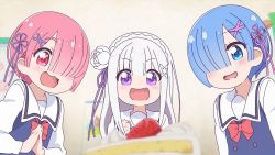  3girls aged_down bad_id bad_pixiv_id blue_eyes blue_hair blue_ribbon blunt_bangs blurry blurry_background blurry_foreground blush bow buttons cake clenched_hand commentary_request dress drooling emilia_(re:zero) fang female_focus fingers_together flower food fruit ga hair_flower hair_ornament hair_over_one_eye hairband hairclip happy highres himesaka_noa hoshino_hinata long_hair maiorita! matching_hair/eyes mouth_drool multiple_girls ni one_eye_covered open_mouth parody pinafore_dress pink_eyes pink_hair pink_ribbon purple_eyes purple_ribbon ram_(re:zero) re:zero_kara_hajimeru_isekai_seikatsu red_neckwear rem_(re:zero) ribbon rose sailor_collar school_uniform shadow shirosaki_hana short_hair siblings sisters sleeveless sleeveless_dress strawberry strawberry_shortcake style_parody tenshi very_long_hair watashi_ni_tenshi_ga_maiorita! white_flower white_hair white_hairband white_rose zuori 