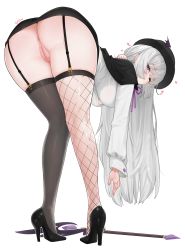  1girl absurdres anus ass ass_focus asymmetrical_legwear bent_over black_capelet black_footwear black_hat black_thighhighs blue_eyes blush breasts capelet collared_shirt commission fishnet_thighhighs fishnets flashing full_body garter_straps hanging_breasts hat heart high_heels highres knees_together_feet_apart large_breasts long_hair long_sleeves looking_at_viewer looking_back maplestory miniskirt mismatched_legwear no_panties nujig original pencil_skirt pussy reaching seductive_smile shirt signature simple_background skirt smile solo staff standing thighhighs thighs uncensored white_background white_hair white_shirt  rating:Explicit score:167 user:danbooru