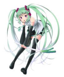 1girl :o alternate_hair_color black_skirt black_thighhighs boots cosplay detached_sleeves full_body green_hair hatsune_miku hatsune_miku_(cosplay) leaning_forward long_hair miyato000 pleated_skirt purple_eyes sidelocks skirt solo sophie_(tales) spring_onion tales_of_(series) tales_of_graces thigh_boots thighhighs twintails vocaloid white_background rating:Sensitive score:8 user:danbooru