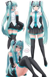  1girl amaama_(beccyonaika1) aqua_eyes aqua_hair aqua_necktie bare_shoulders black_footwear black_skirt boots closed_eyes detached_sleeves facing_away hatsune_miku highres knees_up leg_tattoo long_hair looking_at_viewer multiple_views necktie pleated_skirt shirt shoulder_tattoo simple_background sitting skirt sleeveless sleeveless_shirt speech_bubble spoken_blush standing tattoo thigh_boots thighhighs twintails vocaloid white_background white_shirt 
