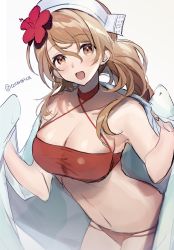  1girl :d bare_shoulders bikini breasts brown_eyes brown_hair cleavage cowboy_shot flower hair_flower hair_ornament headdress highres italia_(kancolle) kantai_collection large_breasts littorio_(kancolle) long_hair looking_at_viewer navel official_alternate_costume one-hour_drawing_challenge open_mouth picoli1313 ponytail red_bikini simple_background smile solo swimsuit towel twitter_username wavy_hair white_background 