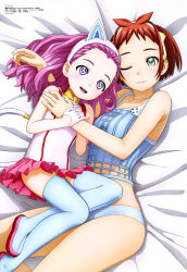  +_+ 2girls :d ;) absurdres alice_(id-0) antenna_hair bare_shoulders bed_sheet blue_eyes blue_shirt blue_thighhighs boots breasts chanohara_takuya child choker collarbone fingernails gloves green_eyes hair_behind_ear hairband hand_on_another&#039;s_chest hand_on_another&#039;s_shoulder highres holding_another&#039;s_arm id-0 long_hair looking_at_another lying magazine_scan medium_breasts megami_magazine mikuri_maya miniskirt multicolored_footwear multiple_girls no_panties official_art on_bed one_eye_closed open_mouth orange_hair panties pink_footwear pink_lips pink_skirt print_shirt purple_hair red_footwear round_teeth scan shirt short_hair skindentation skirt smile striped_clothes striped_panties tail teeth thigh_boots thighhighs tongue underwear upper_teeth_only wavy_hair white_gloves white_hairband white_shirt yellow_choker yellow_hairband zettai_ryouiki  rating:Questionable score:11 user:danbooru