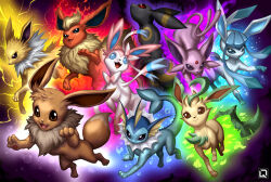 animal_focus blue_eyes blue_hair bow brown_eyes closed_mouth creatures_(company) eevee espeon evolutionary_line fins flareon game_freak gen_1_pokemon gen_2_pokemon gen_4_pokemon gen_6_pokemon glaceon jolteon leafeon long_hair nintendo open_mouth pokemon pokemon_(creature) purple_eyes quirkilicious red_eyes ribbon sidelocks signature smile sylveon umbreon