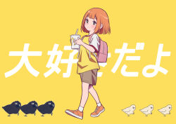 1girl andrian_januar_adilia backpack bag bird black_bird brown_shorts closed_mouth commentary cup daughter_(yoru_mac) disposable_cup drink english_commentary full_body green_eyes holding holding_cup holding_drink kyoufuu_all_back_(vocaloid) orange_footwear orange_hair pink_bag shirt shoes short_hair short_sleeves shorts socks walking white_sleeves white_socks yellow_background yellow_shirt yoru_mac rating:General score:13 user:danbooru