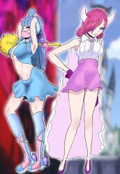 2girls absurdres alternate_costume blue_hair bodysuit boots breasts cape demon_horns gloves green_eyes high-waist_skirt high_heels highres horns large_breasts long_hair mask mouth_mask multicolored_hair multiple_girls neck_ribbon one_piece purple_eyes ribbon shirt siblings skirt sorambk striped striped_clothes striped_shirt thighs ulti_(one_piece) very_long_hair vinsmoke_reiju weapon white_horns white_shirt