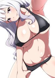 1girl absurdres bikini bikini_pull black_bikini blush breasts cleavage clothes_pull eyelashes head_tilt highres idolmaster idolmaster_(classic) jabara_tornado large_breasts lips long_hair looking_at_viewer navel outstretched_arms parted_lips pulling_own_clothes purple_eyes shijou_takane shiny_skin silver_hair simple_background skindentation smile solo swimsuit white_background rating:Sensitive score:80 user:danbooru
