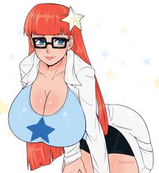  1girl aged_up bent_over blue_eyes breasts cleavage curvy female_focus glasses highres huge_breasts johnny_test lab_coat lips long_hair pinkkoffin red_hair solo star_(symbol) susan_test thick_thighs thighs wide_hips 