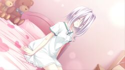  1girl bed_sheet blue_bow bow closed_eyes game_cg highres medium_hair nagisa_(root_double) nightgown non-web_source official_art on_bed pillow ribbon root_double_-before_crime_after_days- smile stuffed_animal stuffed_toy teddy_bear white_hair 