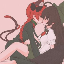  2girls ahoge animal_ears black_bow black_hair bow braid cat_ears cat_girl cat_tail closed_eyes commentary dress english_commentary french_kiss green_bow green_dress hair_bow highres kaenbyou_rin kiss kokowoch long_hair long_sleeves multiple_girls multiple_tails red_eyes red_hair reiuji_utsuho side_braids simple_background tail third_eye tongue tongue_out touhou twin_braids two_tails yuri 