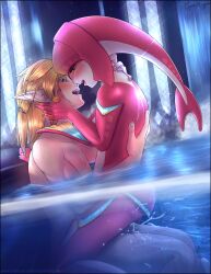  1boy 1girl blonde_hair blush highres hug interspecies link lips looking_at_another mipha nintendo nude oppai_magpie partially_submerged penis sex smile the_legend_of_zelda the_legend_of_zelda:_breath_of_the_wild 